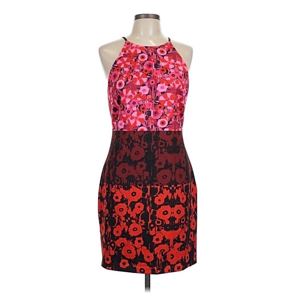 Belle‎ Badgley Mischka Floral Halter Sheath Dress Pink Red Black Size 10